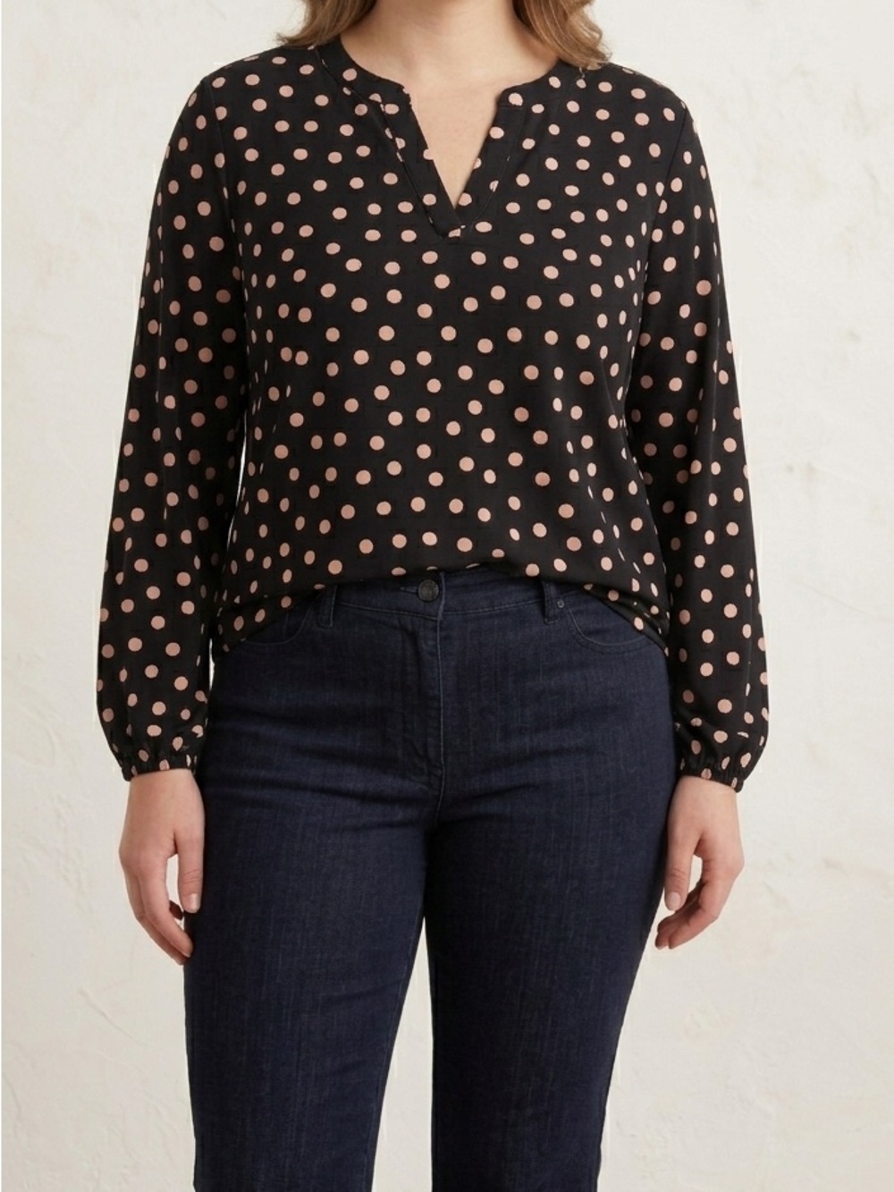 Anne Klein AK Polka Dot Split Neck Long Sleeve Blouse Top Black/ Cream XL